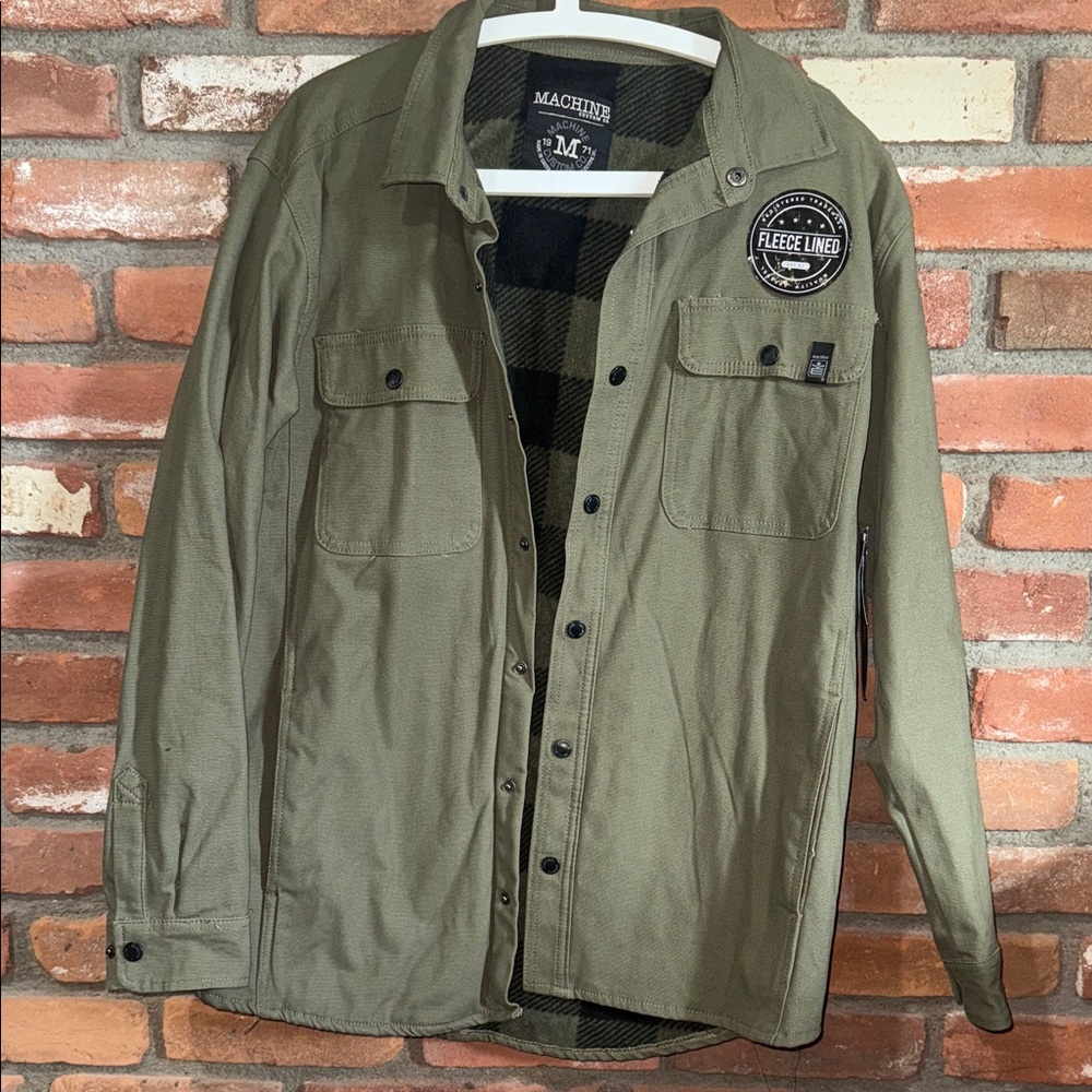 Machine Olive Men's Shirt Jacket with Fleece Lining